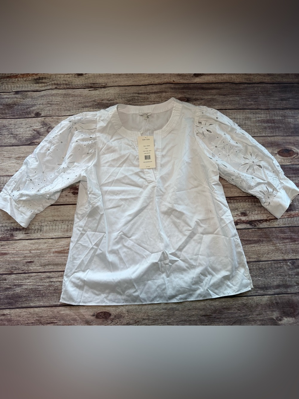 Tyler Boe Eyelet Sleeve Cotton Blouse White Womens Top Large NEW